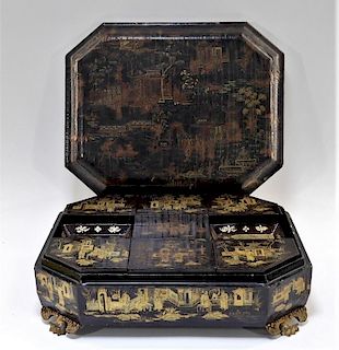 19C. Chinese Export Gilt Lacquer Game Box