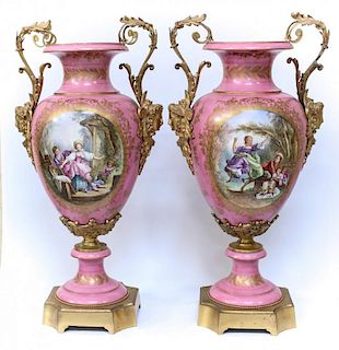 Pair 19th C. Sevres Porcelain & Bronze Urns
