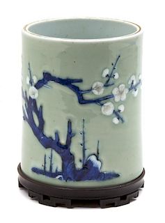 A Chinese Blue and White Porcelain Brush Pot Height 5 1/2 inches.