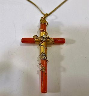14K GOLD RED CORAL CROSS PENDANT NECKLACE