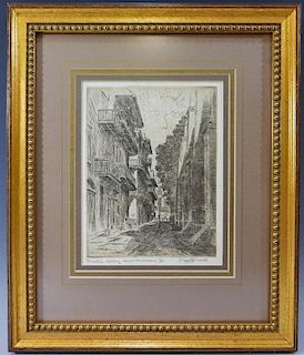 JAMES CARL HANCOCK (AMERICAN 1890-1966), "PIRATES ALLEY NEW ORLEANS, LA", ETCHING ON PAPER