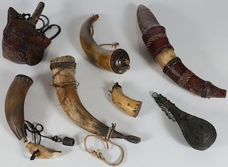 SEVEN POWDER HORNS/FLASKS, 19TH AND 20TH CENTURY