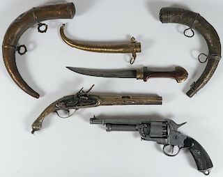 TWO FAUX PISTOLS, A DAGGER, AND TWO POWDER HORNS
