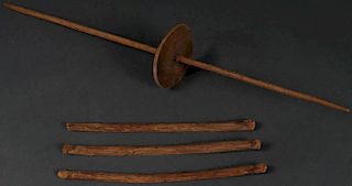 A HOPI SPINDLE STICK AND APACHE GAMBLING STICKS