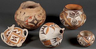 A GROUP OF 5 SOUTHWEST POLYCHROME POTTERY PIECES