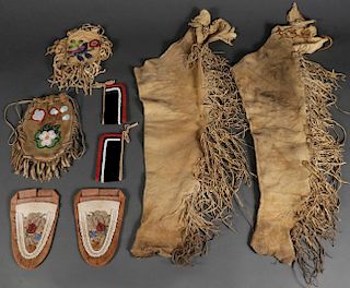 A GROUP OF NATIVE AMERICAN BEADED HIDE ITEMS