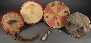 FOUR NATIVE AMERICAN STYLE HIDE DRUMS