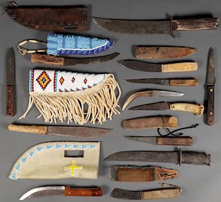 A GROUP OF TRADE STYLE KNIVES AND BEADED SHEATHS