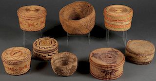 EIGHT WOVEN BASKETS, CIRCA 1910 AND LATER