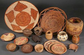 NINETEEN WOVEN BASKETRY ITEMS, CIRCA 1925 & LATER