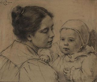 CHARCOAL SKETCH OF MOTHER AND CHILD, SIGNED