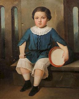 19TH C. OIL ON CANVAS OF BOY WITH DRUM