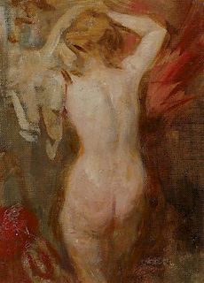 OIL ON CANVAS OF FEMALE NUDE UNDRESSING
