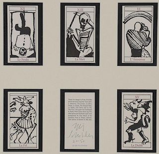 5 TAROT CARDS AND LITHO BY FRITZ SCHOLDER, SIGNED