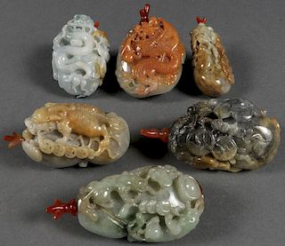 SIX FINELY CARVED CHINESE JADEITE SNUFF BOTTLES