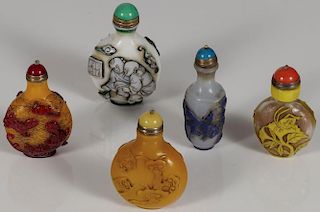FIVE CHINESE CARVED SNUFF BOTTLES