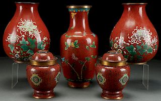 GROUP OF 5 VINTAGE CHINESE ENAMELED CLOISONNÉ