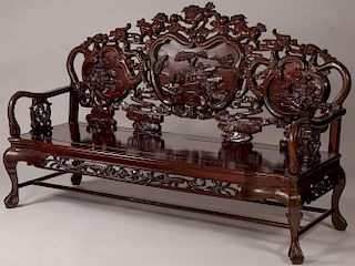 A CHINESE CARVED WOODEN BENCH, 20TH C.