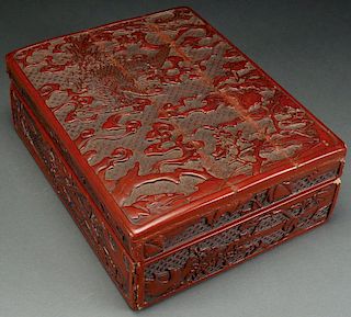 A CHINESE CARVED CINNABAR LACQUER LIDDED BOX, 19T