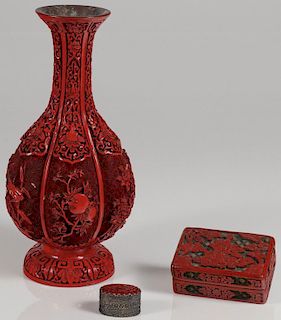 THREE PIECE GROUP OF CHINESE CARVED CINNABAR
