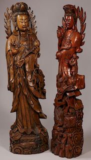 A PAIR OF LIFE SIZED WOOD FIGURES OF GUANYIN