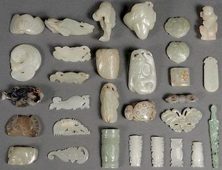 THIRTY CHINESE CARVED JADE PENDANTS AND ORNAMENTS