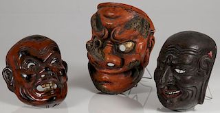 THREE JAPANESE CARVED AND POLYCHROME NOH MASKS