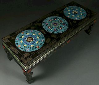 A CHINESE LACQUER WEAR AND CLOISONNÉ TABLE
