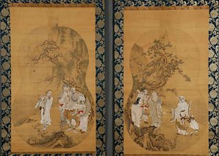 A PAIR OF CHINESE HAND PAINTED SILK SCROLLS