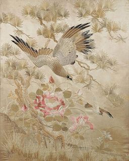 A LARGE CHINESE SILK EMBROIDERED PANEL