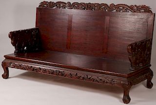 A LARGE CHINESE CARVED BENCH AND TWO CHAIRS