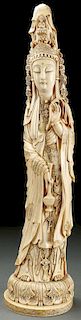 CHINESE CARVED IVORY FIGURE OF KWAN YIN, QING DYNASTY.