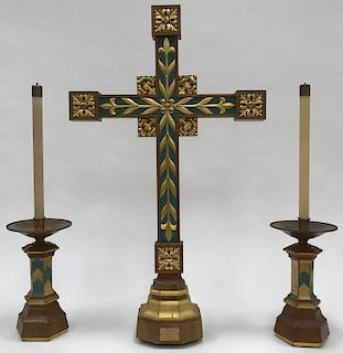 GILT WOOD ALTER CROSS AND CANDLE STANDS