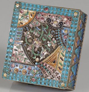 A RUSSIAN SILVER AND SHADED ENAMEL HINGED BOX