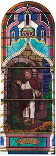 A STAINED AND LEADED WINDOW OF CHRIST KNOCKING