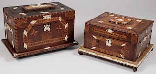 A PAIR OF WHALE BONE & MARQUETRY SEWING BOXES
