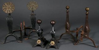 A GROUP OF THREE CAST IRON AND BRASS ANDIRONS