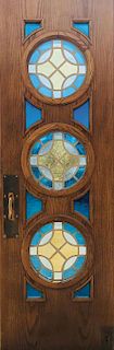 FOUR SUBSTANTIAL OAK DOORS SET WITH STAINED GLASS