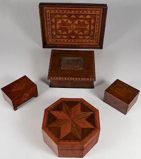 FOUR HANDMADE WOOD BOXES AND A TRAY, 19TH CENTURY
