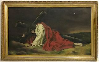 A LARGE PAINTING OF CHRIST ON THE WAY TO CALVARY
