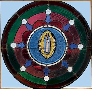 3 STAINED AND LEADED GLASS ROUND WINDOW PANELS