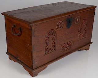 AN INTERESTING CARVED WOOD CHEST, PROBABLY 19TH C
