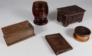 FIVE CARVED WOOD BOXES AND CONTAINERS