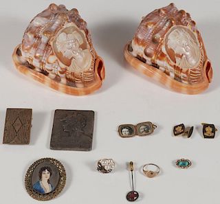 A PAIR OF CARVED CAMEO SHELLS AND JEWELRY