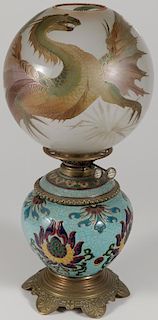 FAIENCE OIL LAMP WITH DRAGON GLOBE 19TH C.