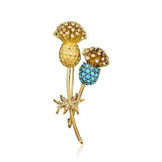 Cartier Turquoise and Diamond Thistle Brooch