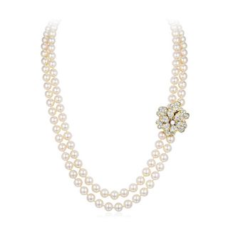 A Cultured Pearl Necklace with Diamond Enhancer/Brooch