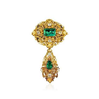 Victorian Emerald and Synthetic Green Stone Diamond Brooch