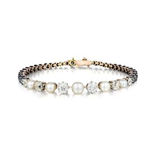 A Diamond and Pearl Gold and Silver Bracelet