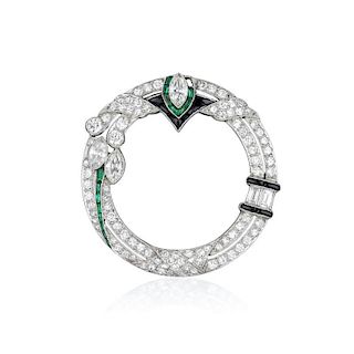 Art Deco Diamond Emerald and Black Onyx Platinum Brooch
